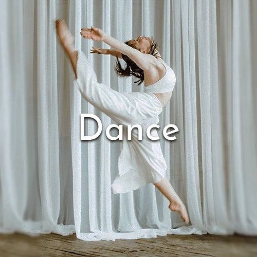 A photo of a dancer jumping in the air with the word "Dance" in the middle.