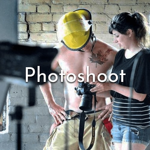 A fireman and photographer Maaike Roosendaal. Text in middle says "Photoshoot".