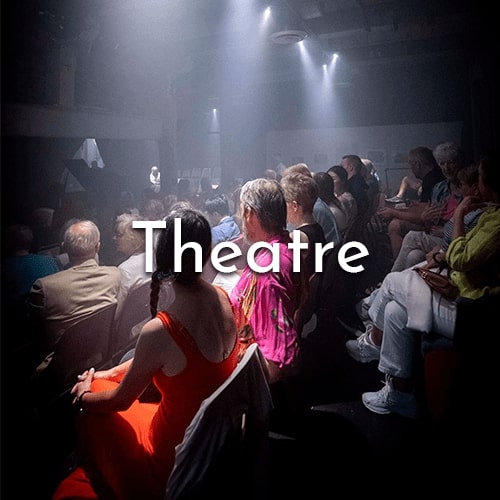 Shot of a crowd during a performance in the event space. Text says "Theatre".