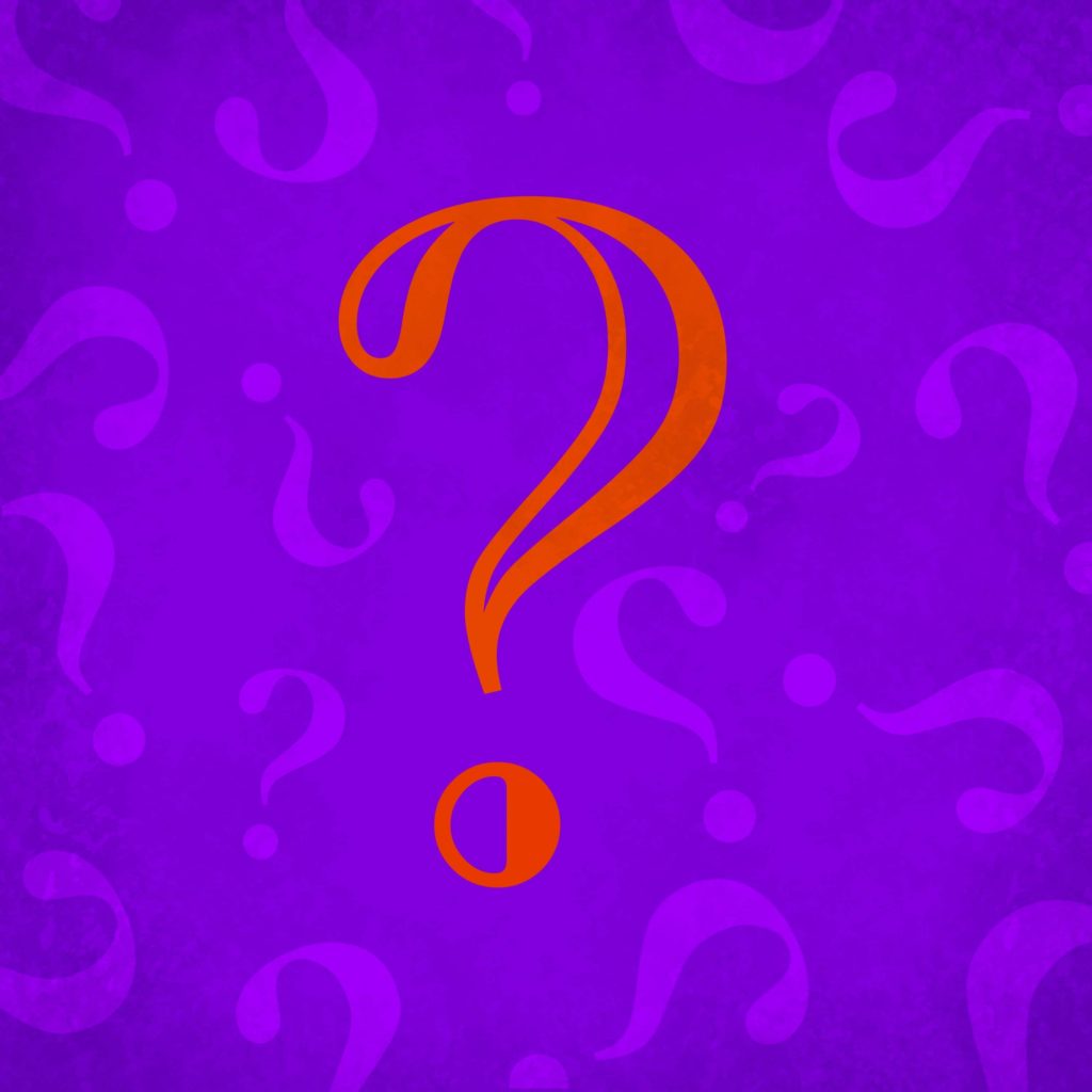 Illustration of a large orange question mark in the middle overtop of a purple background with multiple small purple question marks.