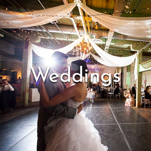Photo of a couple dancing on the dance floor in the Event space. Text says "Weddings".